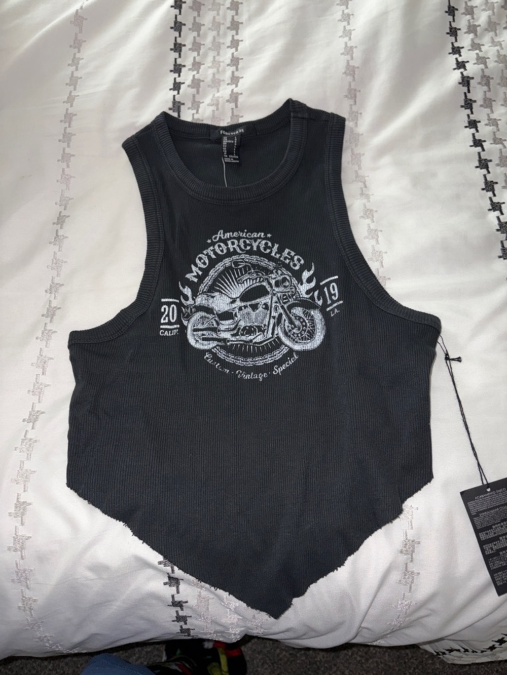 Forever 21 Black Ribbed Motorcycle Graphic Crop Tank